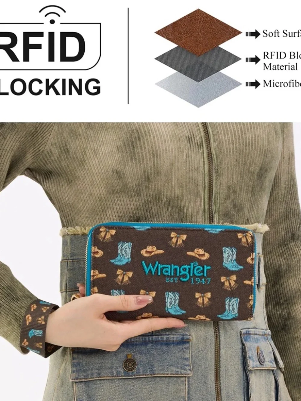 Wrangler Western Print RFID Blocking Zippered Wallet Coffee